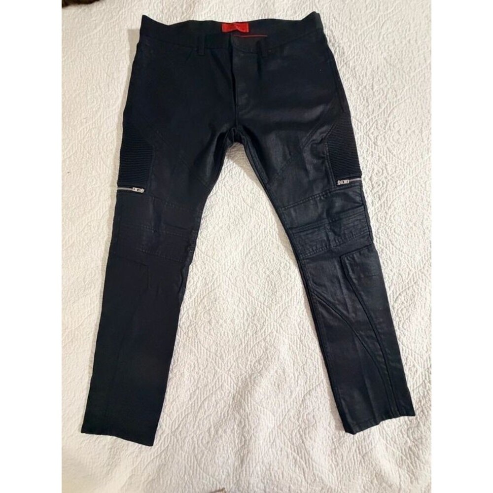 Hugo Boss Black Coated Japanese Denim Biker Moto Slim Jeans 36x32